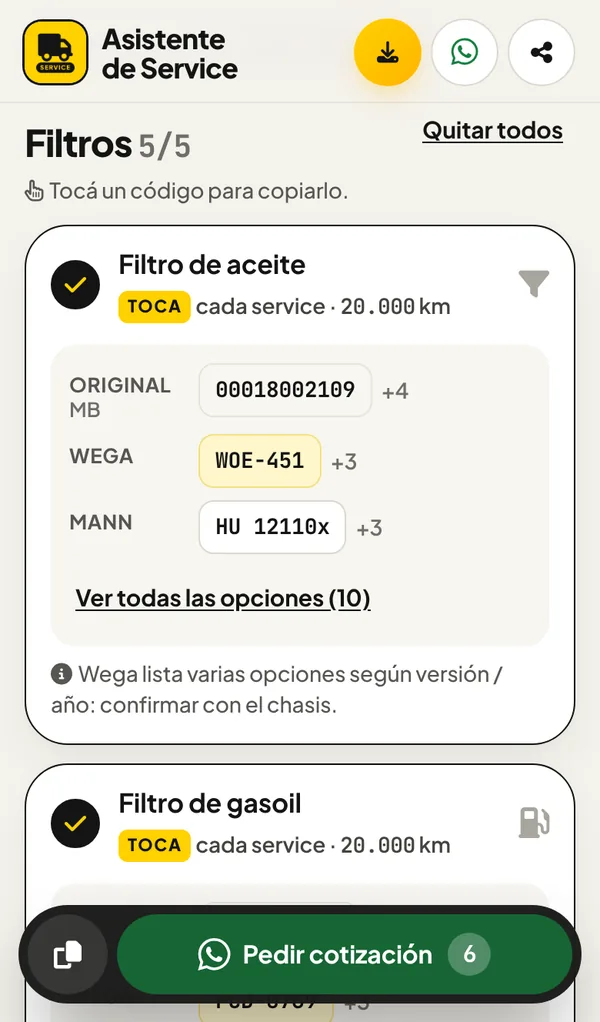 Lista de filtros con códigos original, Wega y MANN