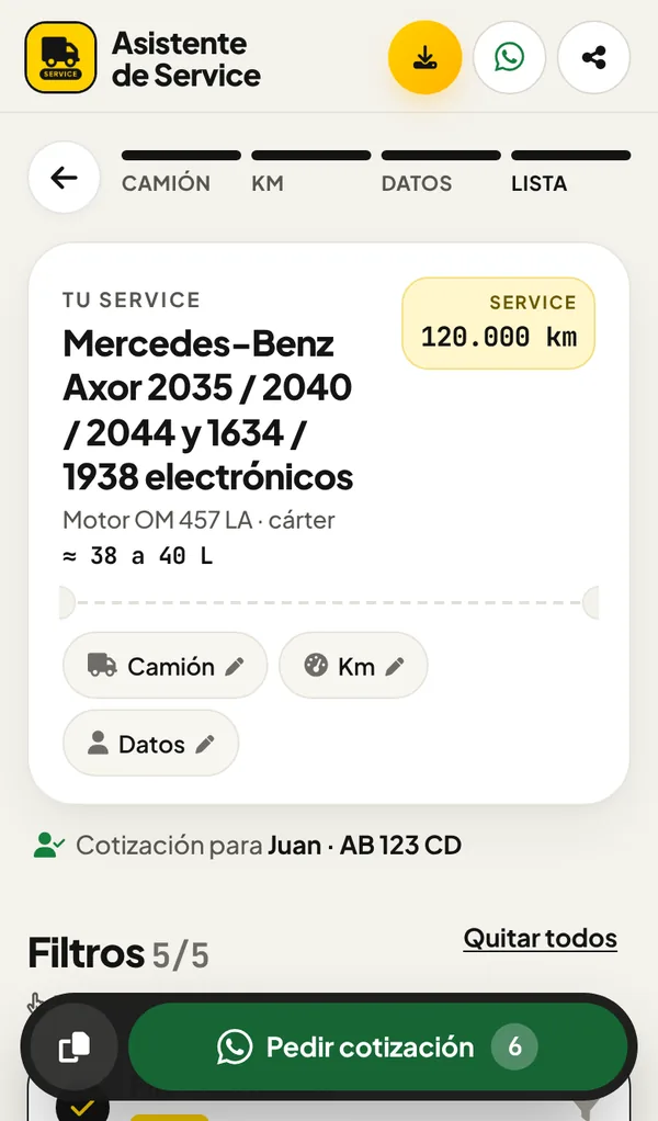 La app mostrando el service de un Mercedes-Benz Axor a los 120.000 km